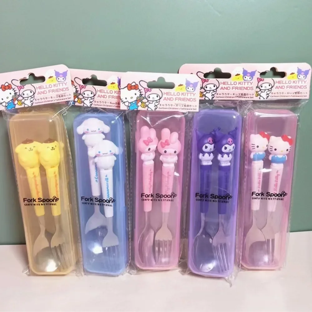 

Kawaii Kuromi Spoon Fork 2Pcs Set Cute Sanrio Pompompurin Hello Kitty My Melody Stainless Steel Child Tableware Kitchen Supplies