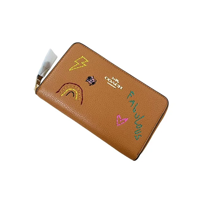 COACH Diary Embroidery Collaboration Id Zip Wallet Leather Clutch Coin Purse Wallet Women's Brown C9105-IMQUN