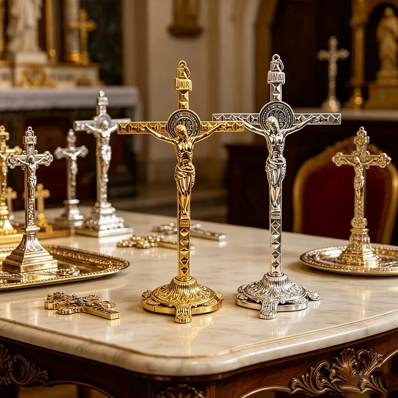 Katholisches Stehendes Kruzifix, Altarkreuz, Metallstatue von Jesus Christus für Tischdekoration, religiöse christliche Ornamente in Gold und Silber – Detail 4