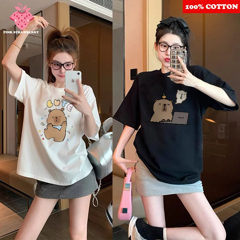 

I don't want to work Cute Kapibala Cotton Print T-shirt Women's Summer New 2025 Casual Comfort Short-Sleeve Round Neck Top girls
