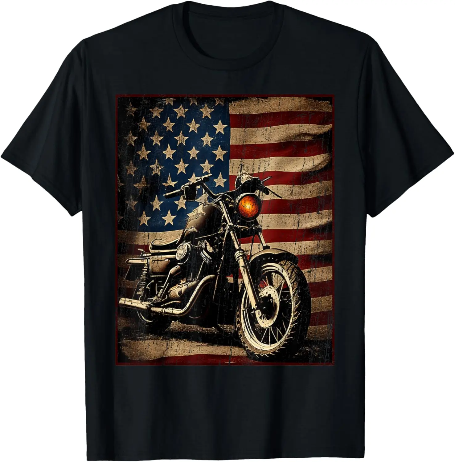 Motorcycle USA Flag Retro Biker T-Shirt 100% Cotton Trendy Y2K Short-Sleeve Tee-Soft, Quick-Drying, Moisture-Wicking; Ideal