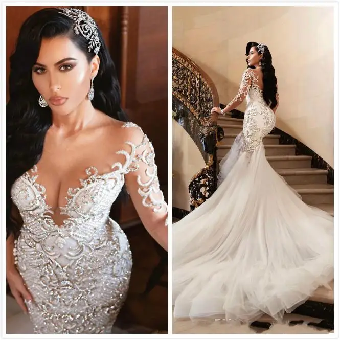 

Luxurious Sexy Arabic Mermaid Beading Embroidery Bridal Dresses Sheer Neck Long Sleeves Wedding Gowns