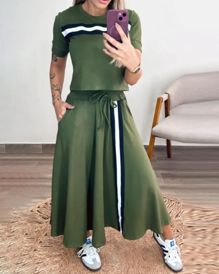 

Summer 2-Piece Color Blocked Striped Woven Short Sleeved T-Shirt Top and Casual Drawstring A-Line Flared Long Skirt Set