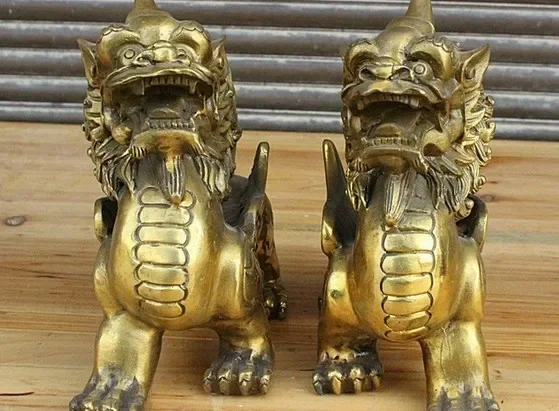 

6" Folk China FengShui Brass Dragon Kylin PiXiu Unicorn Beast Animal Statue Pair