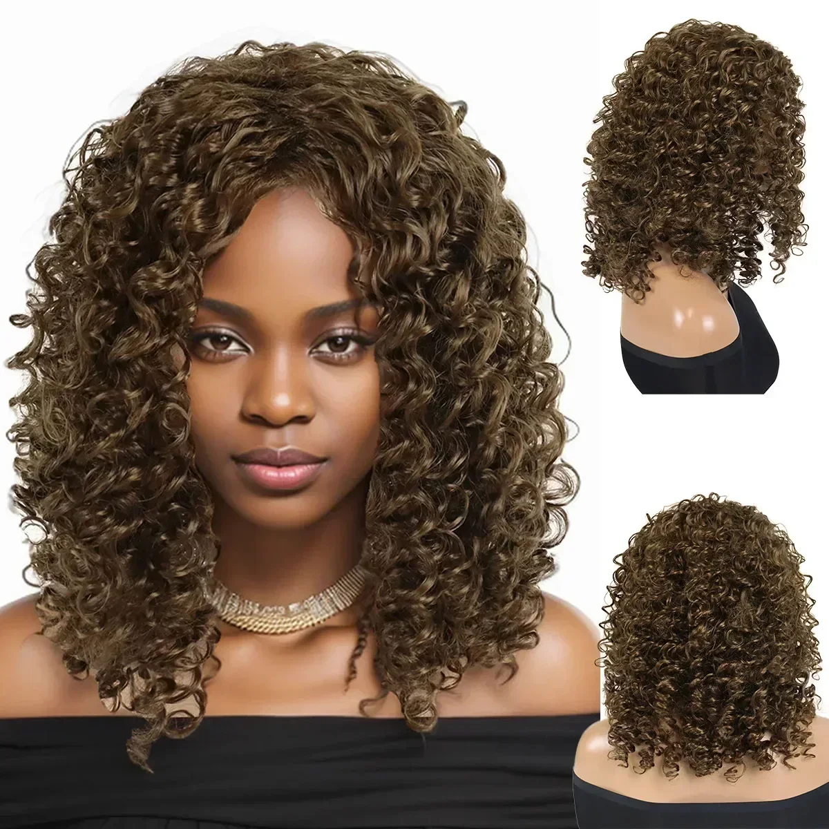 Synthetic Hair Curly Wigs for Women Shoulder Length Brown Wigs with Side Bangs 16inch Long Wig Curly Hairstyles Mommy Wave Wig