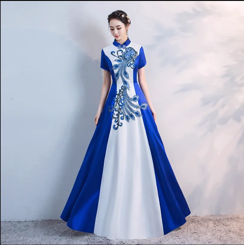 

Blue and white porcelain slim fitting cheongsam long choir recitation stage clothing