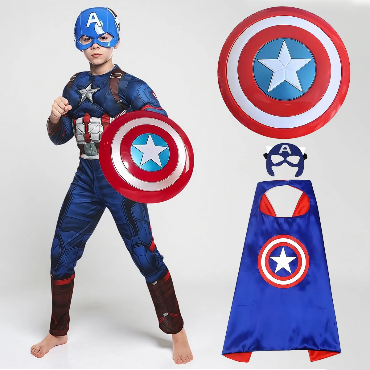 Captain America Muscle Jumpsuit Shield Cloak Mask Superhero Halloween Carnival Cosplay Costume Birthday Party Gift