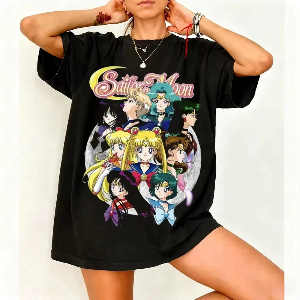 2026Sailor Moon Retro Anime Graphic T Shirt Summer Cotton Men Women Tee Streetwear Casual Trend Short Sleeve Couple Hip Hop Top