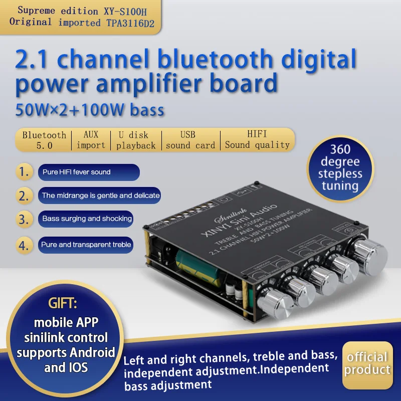 XY-S100H 2.1CH Bluetooth Amplifier Module, TPA3116 High/Low Bass Subwoofer for ZK-TB21 Upgrade