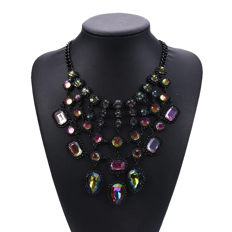 

2026 New Multicolor Acrylic Crystal Round Water Drop Tassel Necklace Women Indian Statement Choker Necklace Earrings Jewelry