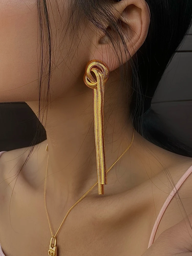 French Style European and American Gold Tassel Earrings Elegant Earrings Knotted Long Earrings