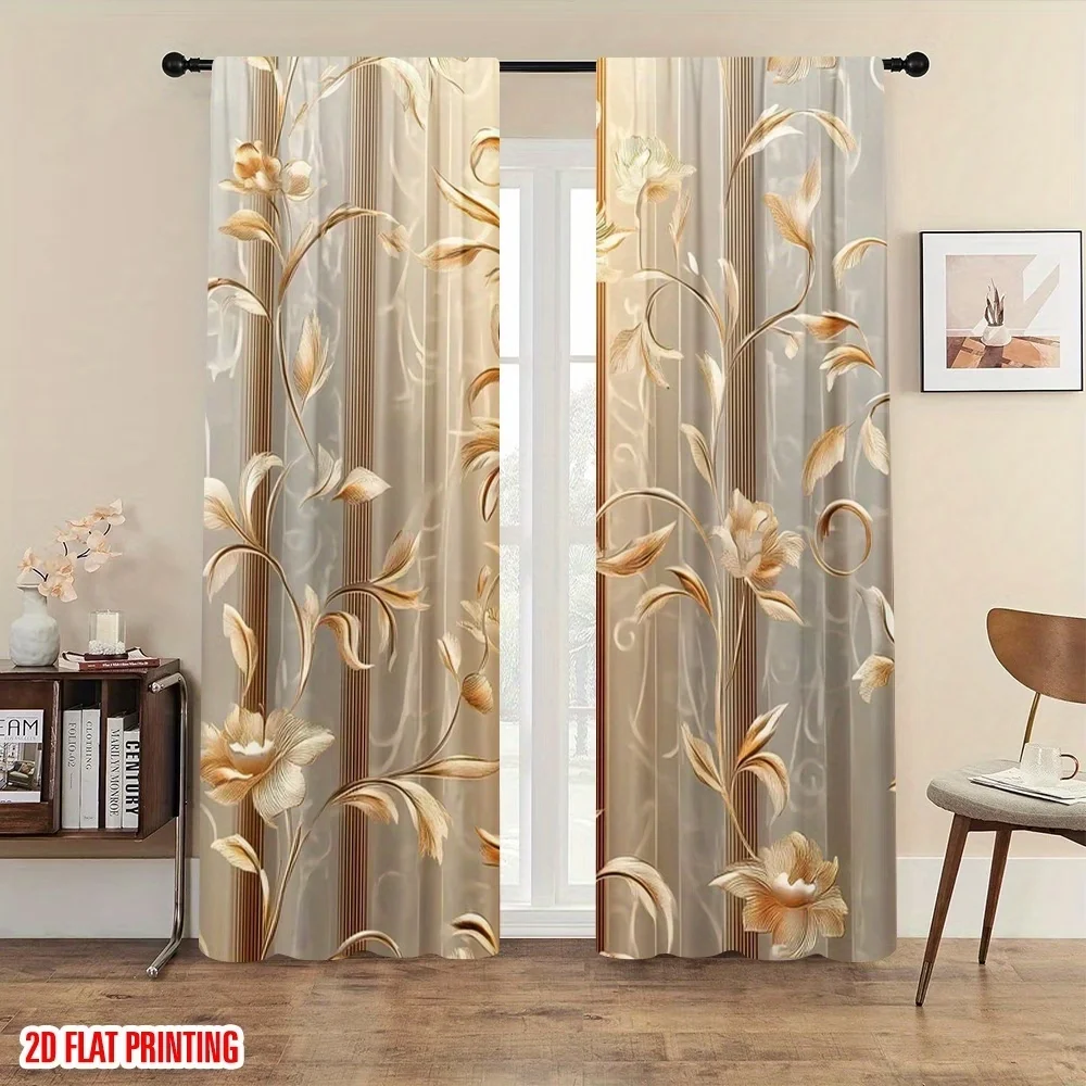 2PCS Digital Printed Curtains, White Gold Pattern Elegant Luxury Floral, Window Curtains for Living Room Bedroom Home Decoration