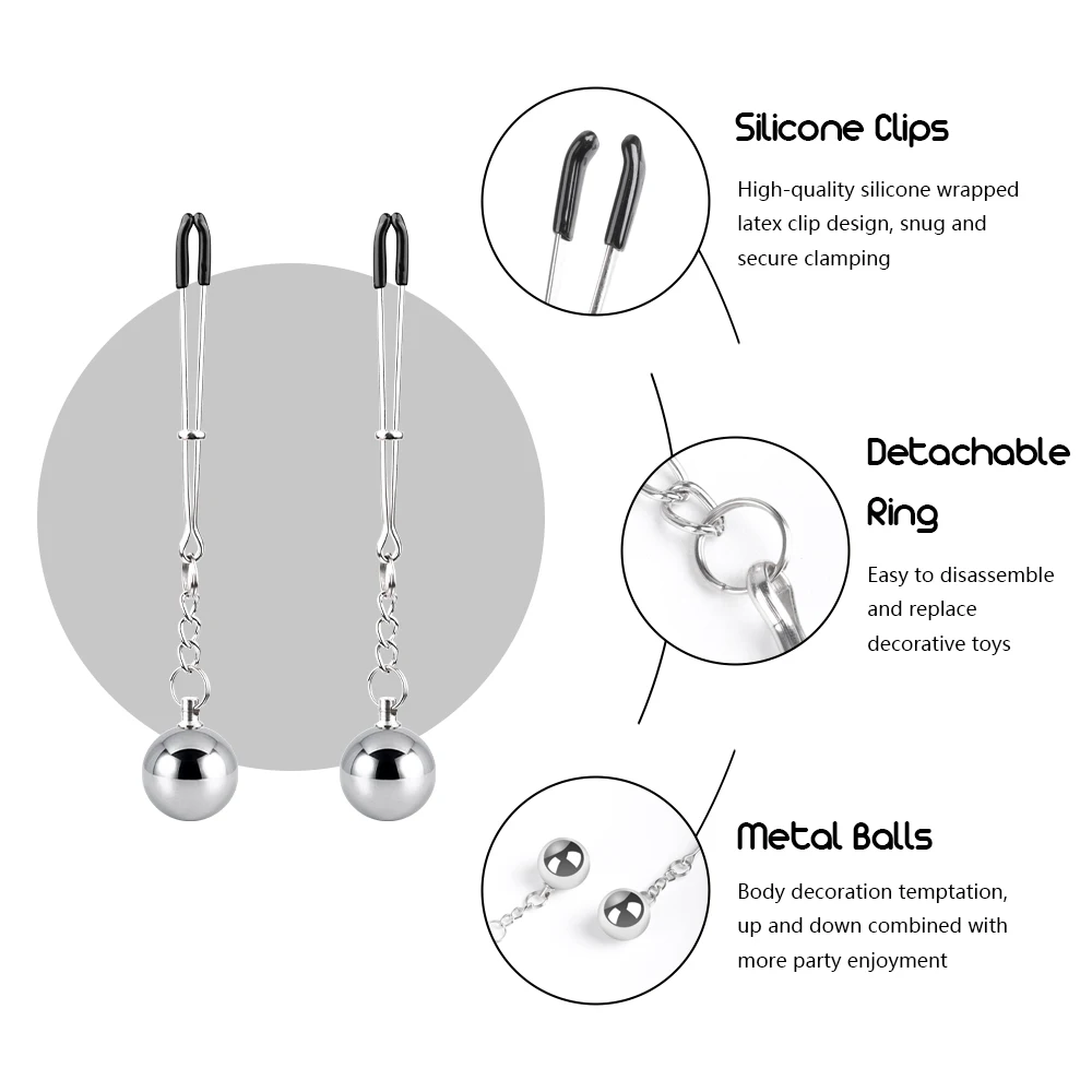 Nipple Clamps Metal Ball with Weights Adjustable Tweezers Clip Silver Breast Clips Adult Sex Toys for Women and Couples Pleasure