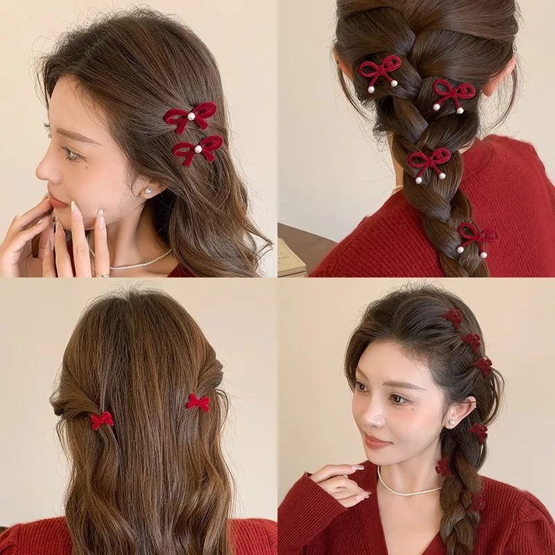 2 uds. Pinzas para el cabello con lazo de terciopelo rojo para mujeres y niñas, Mini flequillo elegante con lazo de perla, horquillas con Clip LATERAL, accesorios para el cabello