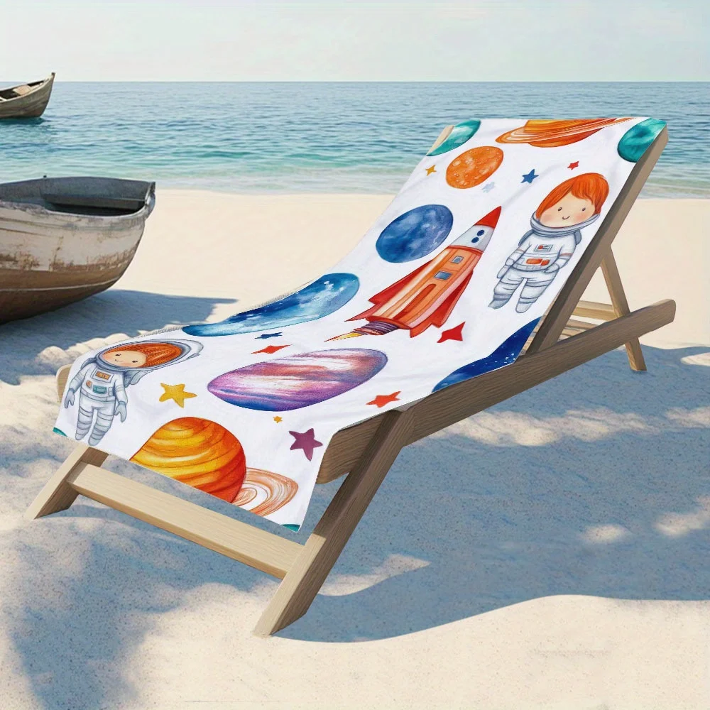 Cute Astronaut Space Beach Towel, Rocket Planet Print Oversized Bath Towel, Soft Quick Dry Summer Blanket 1pcs