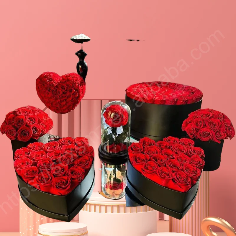 وردة محفوظة أبدية في صندوق ، حياة طويلة الأمد ، طبيعية حقيقية ، زهرة خالدة للأبد ، هدية عيد الأم ، بالجملة