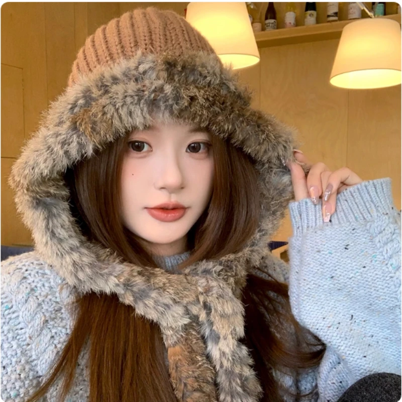 

Нишевый пуловер из смеси кроличьего меха, вязаная шапка, зимняя уличная модная шапка-бомбер с большой головкой для защиты ушей, плюшевые шапки-бомберы на шнуровке для женщин