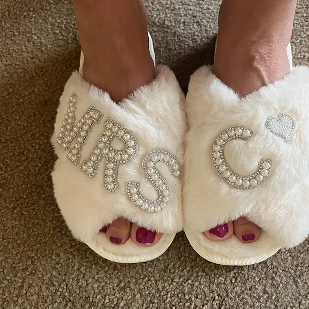 

Custom Bride Fluffy Slippers Cross Pearl Letter Initials Slippers Bridal Shower Bridesmaids Wedding Bachelorette Party Supplies