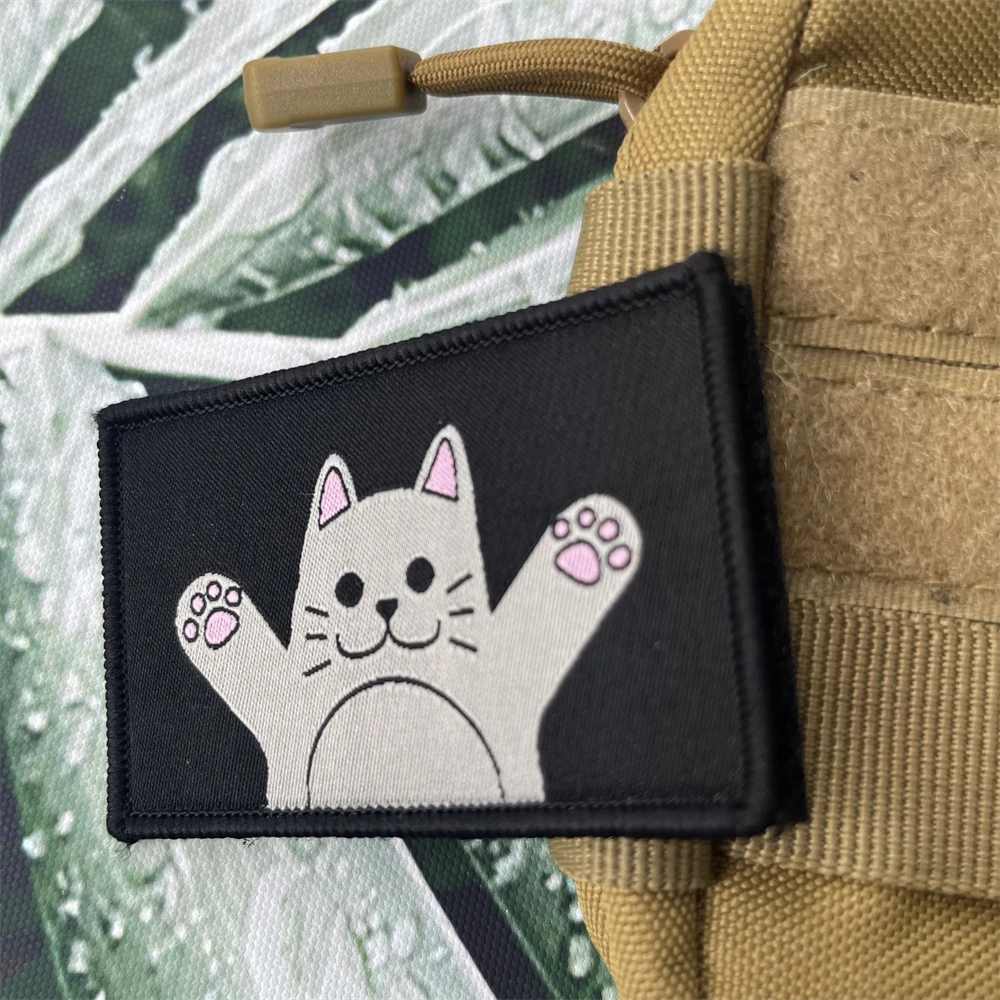 Pink Eared Cartoon Kitten Morale Cat Emblem Tactical Patches Military Backpack Hook&Loop Sticker