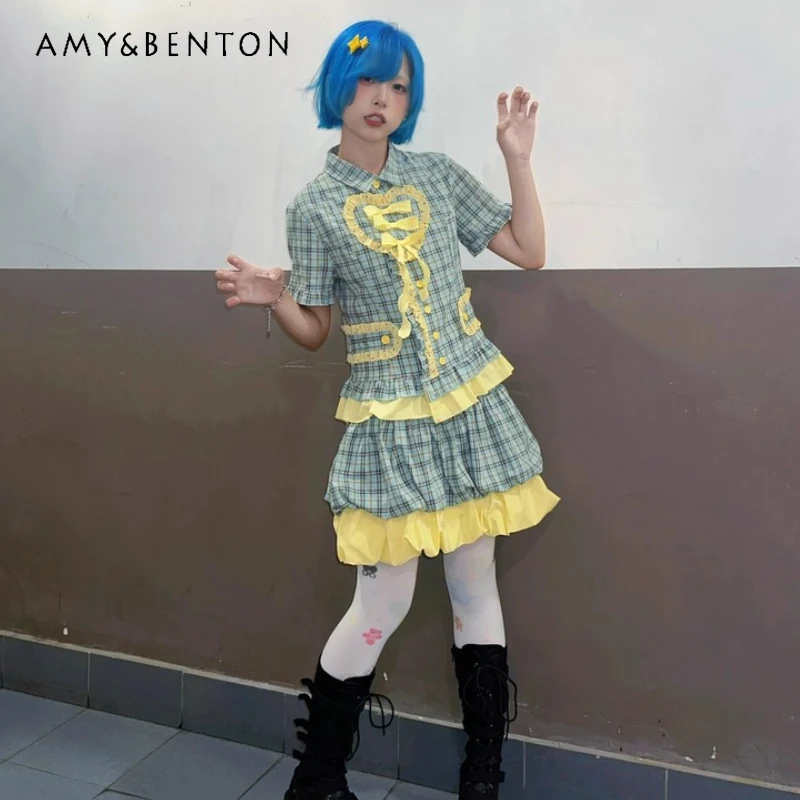 

Original Design Retro Polka Dot Splicing Plaid Heart Women's Blouse Summer Sweet Cute Age-Reducing Flower Bud Skirt Set Ladies