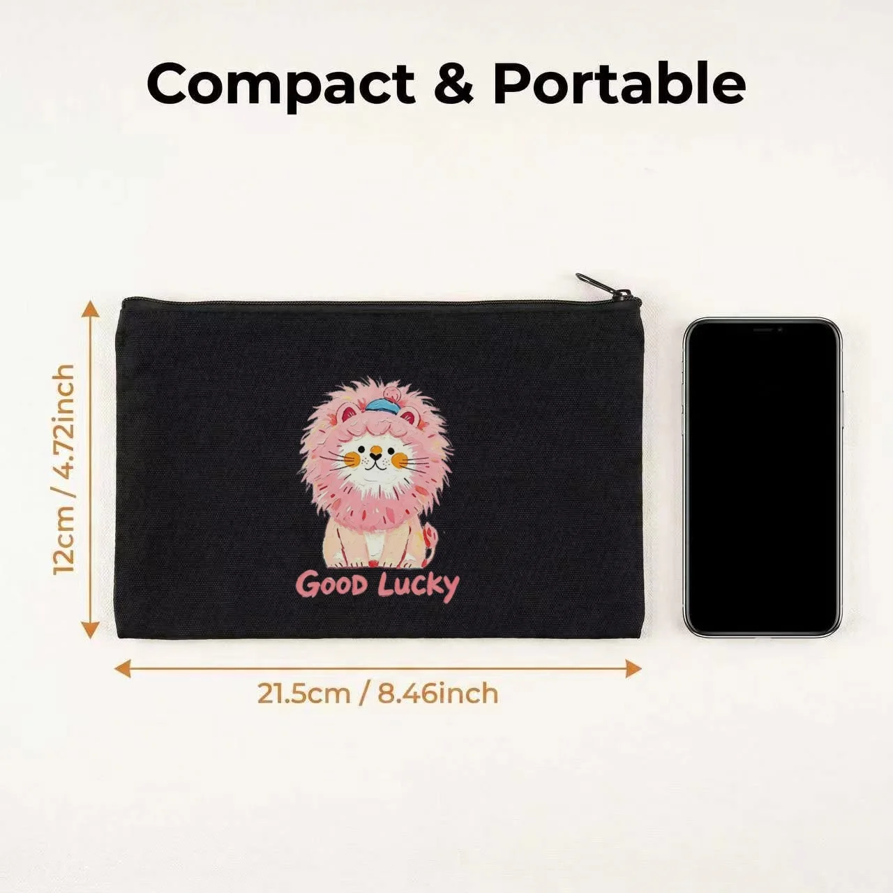 1PC Pink Fluffy Lion Good Lucky Print Canvas Cosmetic Bag Double Sided Portable Travel Zipper Pouch