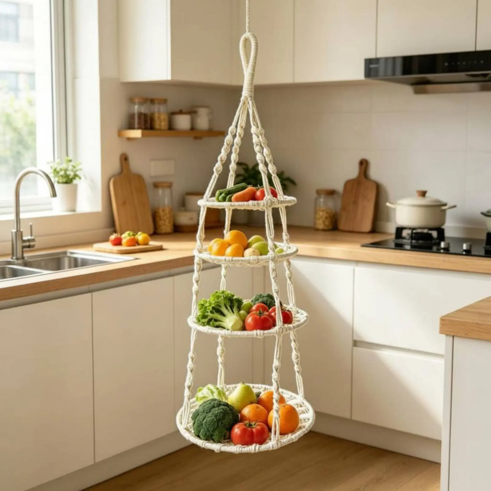 Three Tier Hanging Basket Handwoven Cotton Rope Fruit Basket Wall Mounted Produce Net Large Capacity Home Storage Bohemian