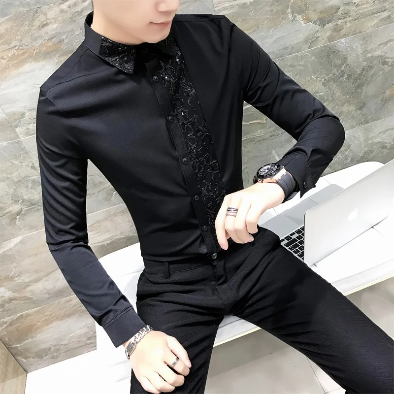 Host Performance Costume Slim-Fit Sequined Shirt Night Show Men Singer Stage Korean Style Tight Stretch