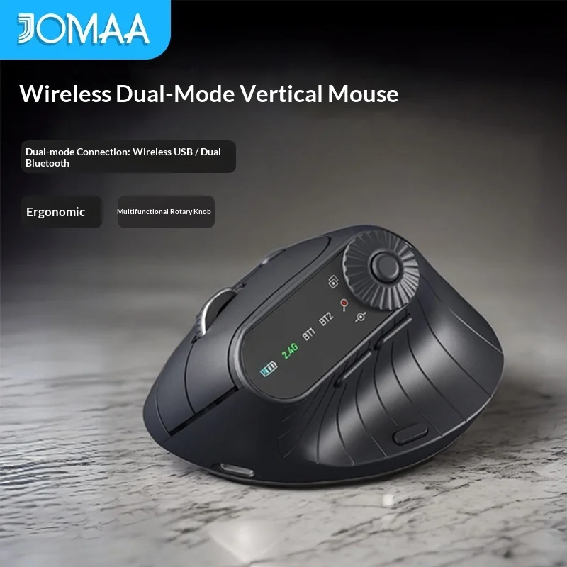 JOMAA Ergonomic Vertical Mouse Wireless Dual Mode Bluetooth 24G USB Rechargeable With Led Display Multi Function Knob For Office