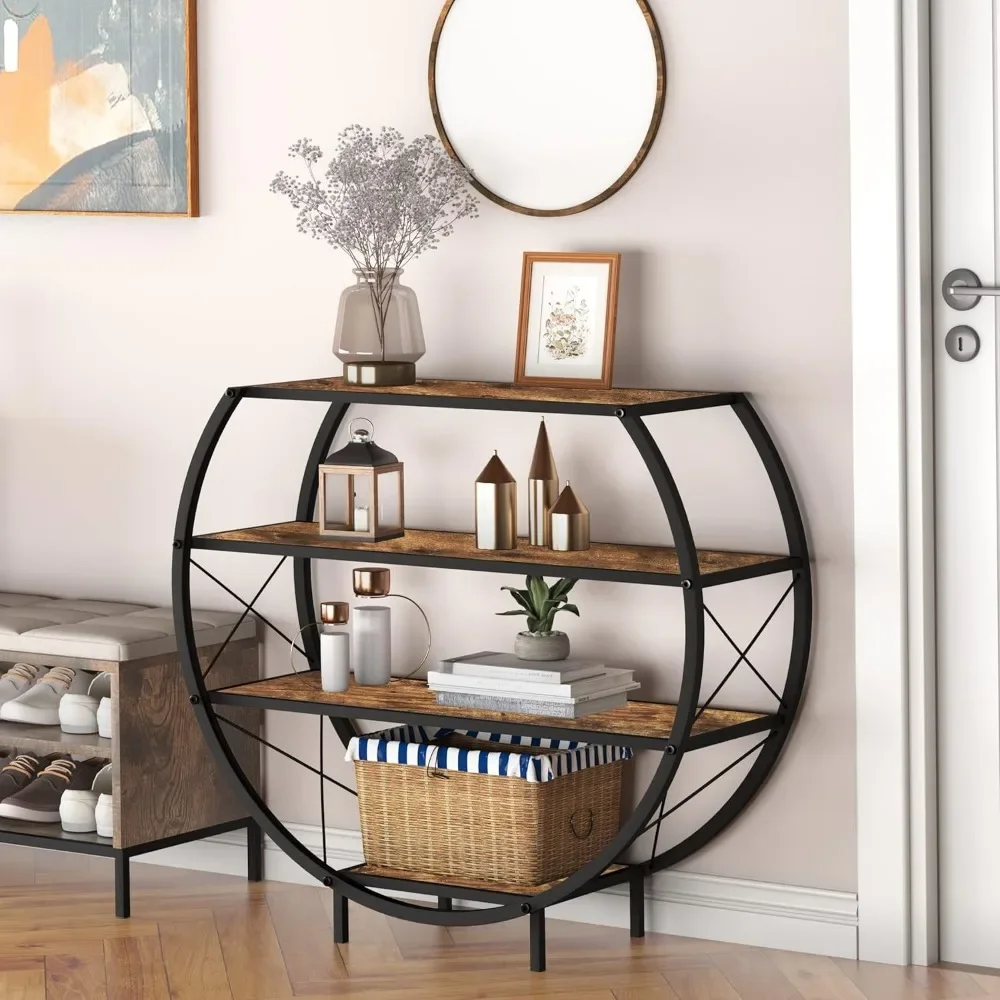 Console Table Entryway Table with 4-Tier Open Storage Shelf Wood and Metal Sofa Table with Wine Rack for Living Room Hallway