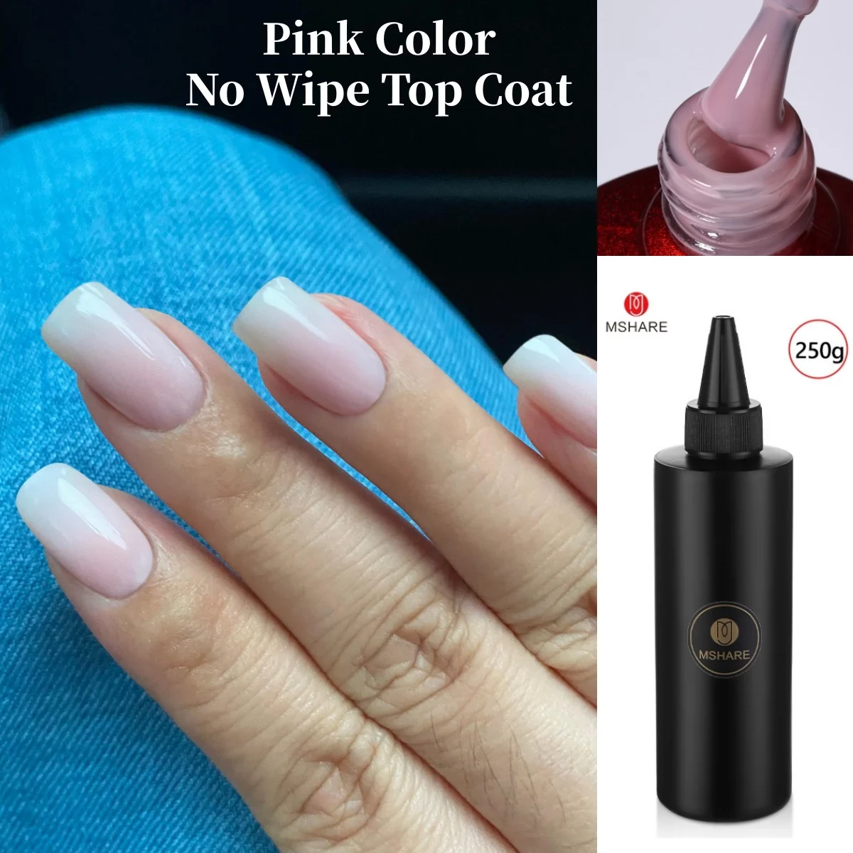 MSAHRE 100/250ml Refill Pink No Wipe Top Coat Gel Nail Polish Sheer Milky White UV LED Soak Off Gel High Shine Glossy Finish