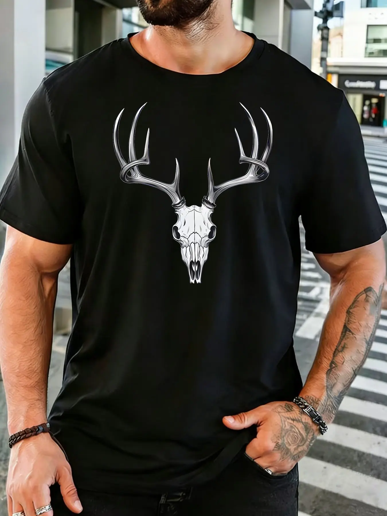 Retro Metal Texture Deer Antler Skull Mens Tshirt Breathable Cotton Short Sleeve Casual Outdoor Hunting Daily Street Fashion Tee