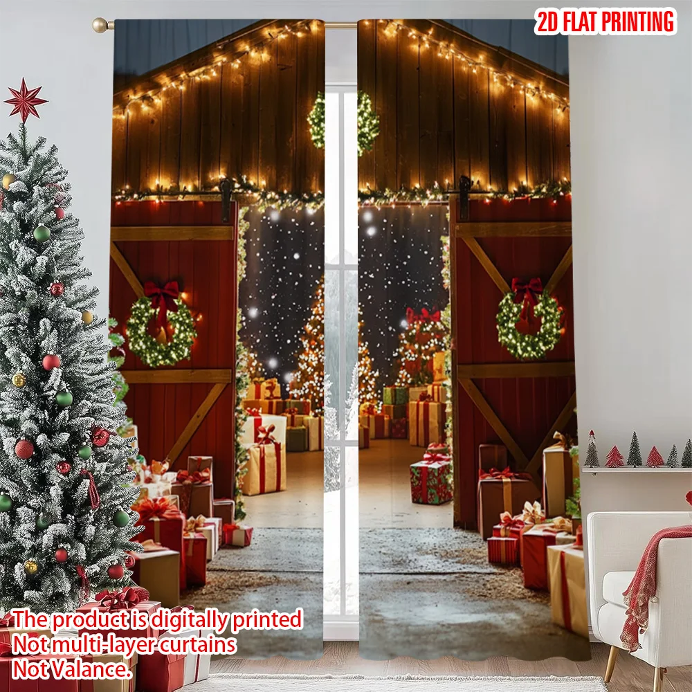 

2pcs 2D flat printing Merry Christmas Curtains Christmas Winter Wonderland Polyester Without Electricity Party Decorations Use