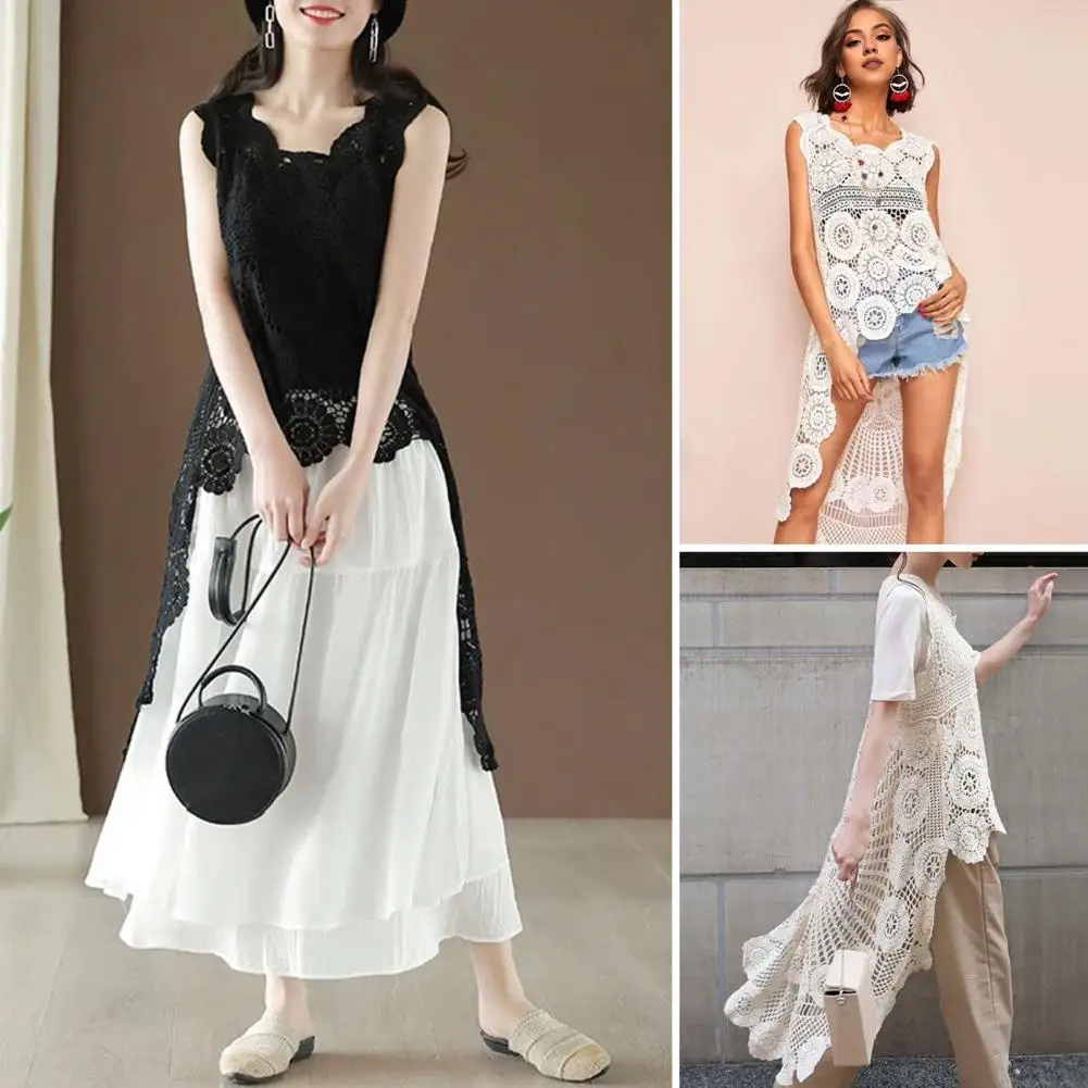 Summer Women Vest Hollow Lace Sleeveless Cover Up Irregular Hem Short Front And Long Back Retro Loose Pullover Casual Tank Top