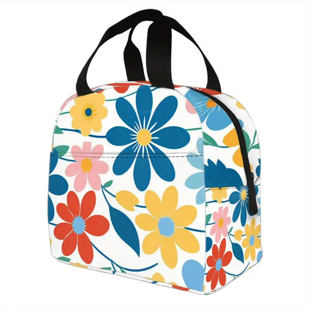 Cute Floral Insulated Lunch Bag - Leakproof Thermal Insulation, Oxford Fabric with Side Pockets & Sturdy Handles