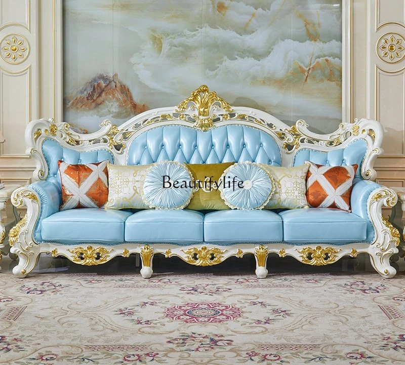 

European leather sofa solid wood carving flower size apartment cowhide