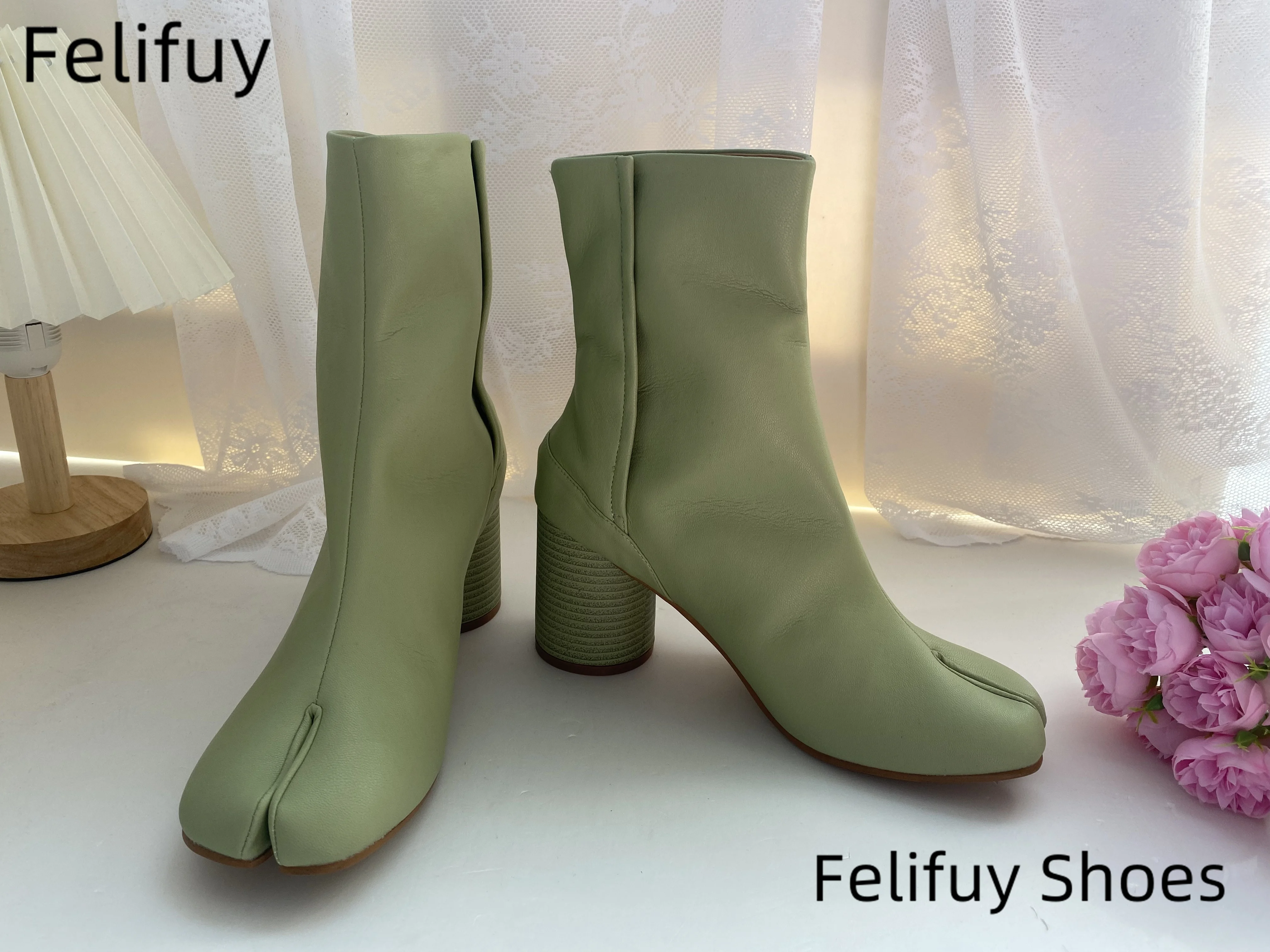 New Split Toe Women ankle boots high quality real leather green botas mujer button winter booties female tabi ninja botines 2025