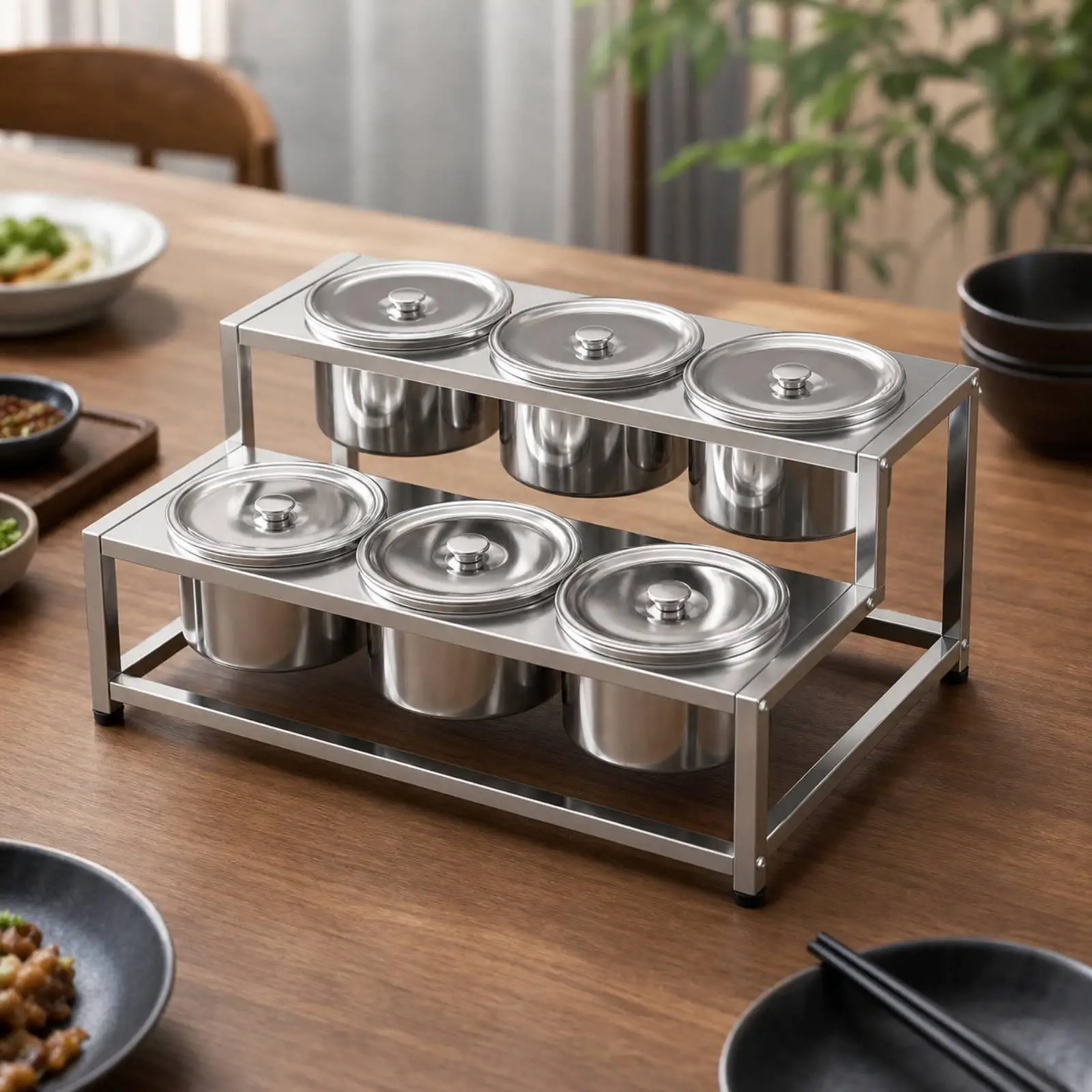 Condiment Rack with Six Cups Dual-Level Sauce Organizer Heavy-Duty for Buffet