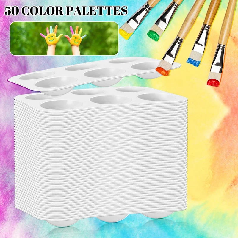 50 PCS White Plastic Watercolor Palette, 6 Well Rectangular Paint Palettes, Paint Tray Palettes, Paint Trays For Kid Durable