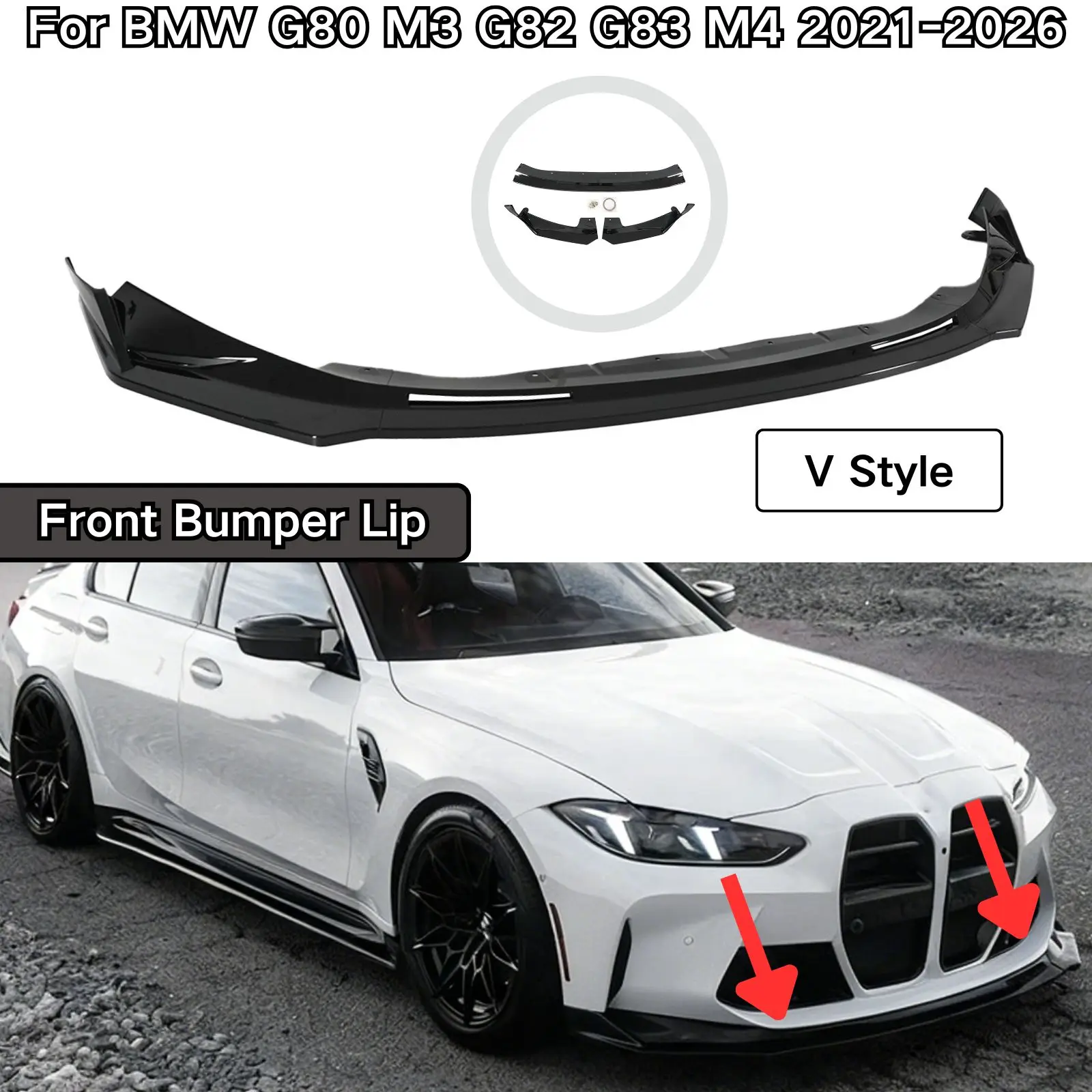 Para BMW G80 M3 G82 G83 M4 2021 2022 2023-2026, Labio de Parachoques Delantero Estilo V, Negro Brillante, Fibra de Carbono Pintada, Accesorios para Auto, Spoiler