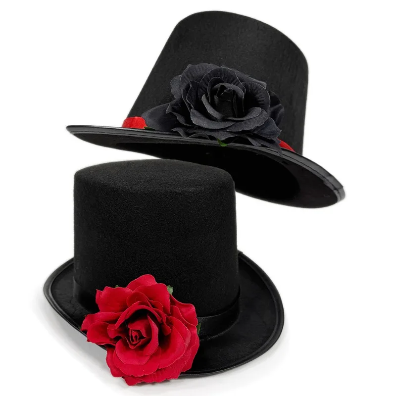 Halloween Party Red Rose Hat Stage Performance Black Rose Top Hat Flower Magic Hat Cosplay Accessory Anime Accessory