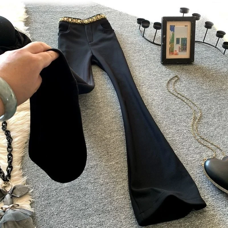 موضة جديدة سليم متوهج السراويل النساء الخريف عالية الخصر رقيقة الماس جيب جرس قيعان دعوى بنطلون الملابس النسائية