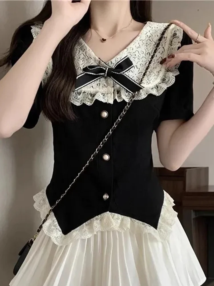 

Jmprs Cute Bow Sweet T Shirt Women Slim Vintage Short Sleeve Preppy Style Tees Lace Patchwork Elegant Korean Lady Irregular Tops