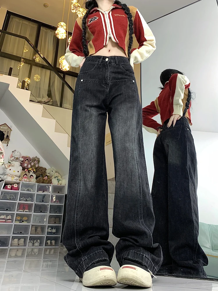 

Широкие джинсы с высокой талией, женские джинсы прямого кроя, скрывающие бедра, свободные брюки длиной до пола, осенние новые брюки больших размеров