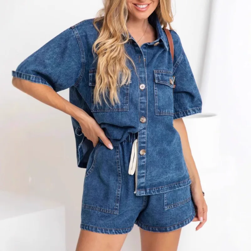 

Single Breasted Pockets Turn Down Collar Denim Shirt Tops & Shorts Set Casual Women Two Piece Set Outfits
