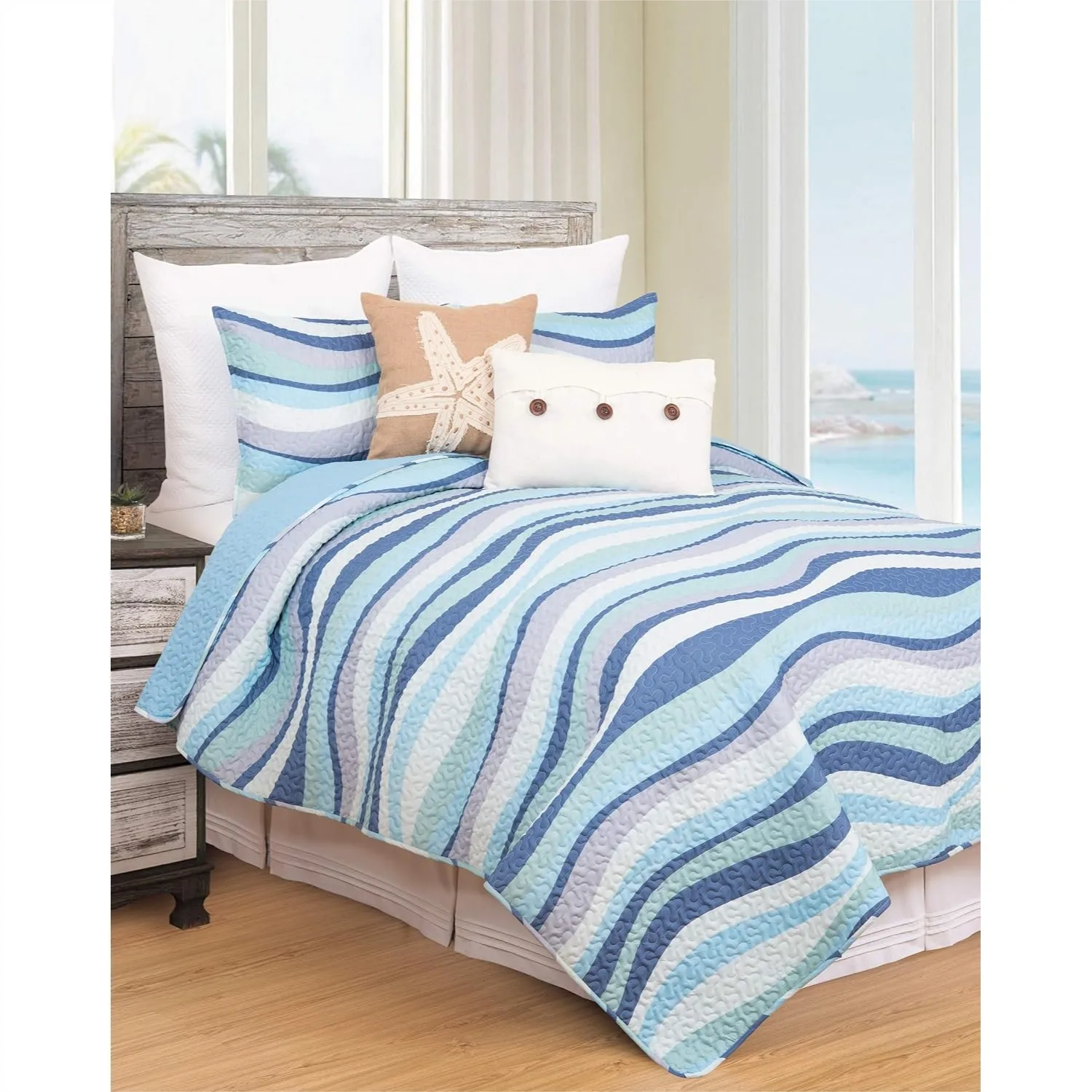 

Coastal Blue Ocean Wave Reversible Twin Quilt Set with Sham, Lightweight Beach Bedding Coverlet