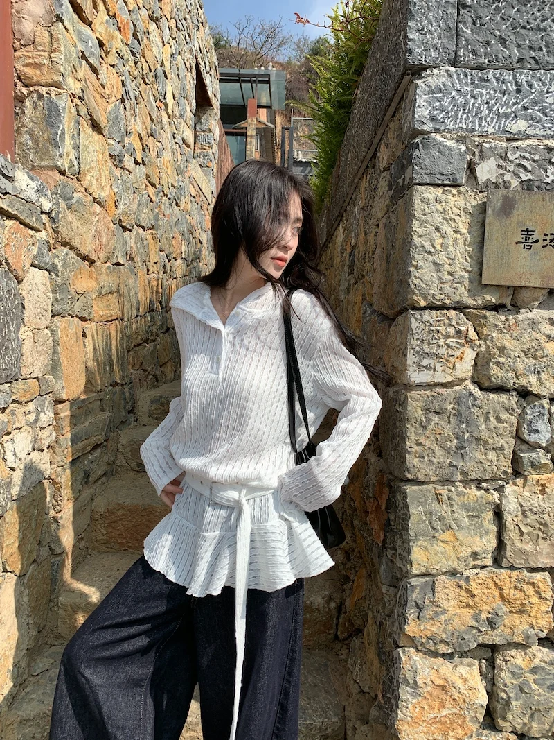 レディース ルーズ ロング スリーブ ニット セーター レース裾と透かしデザイン 韓国風 通勤 ファッション ホワイト トップス