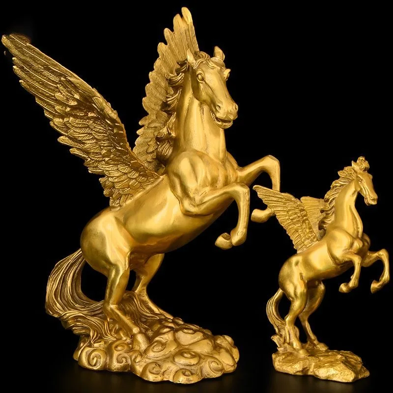 Chinese Brass Zodiac Flying Horse Statue Copper Folk Feng Shui Pegasus Auspicious Home Decor Ornament Desk Shelf Display Gift