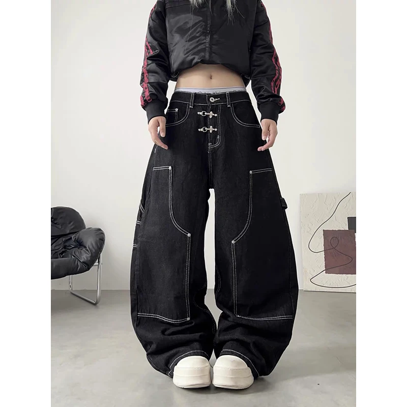 YIBASHU Women's Black Gothic Cargo Baggy Jeans Y2k Oversize Denim Trousers Vintage 2000s Harajuku Grunge Wide Leg Jeans Pants