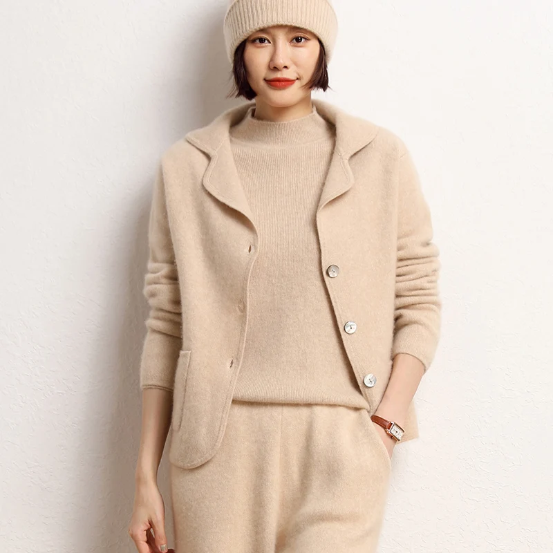 Women Cardigan 100% Cashmere Knitted Coat Autumn Turn-down Collar Warm Jacket Long Sleeve Soft Sweater Solid Color Loose Outwear