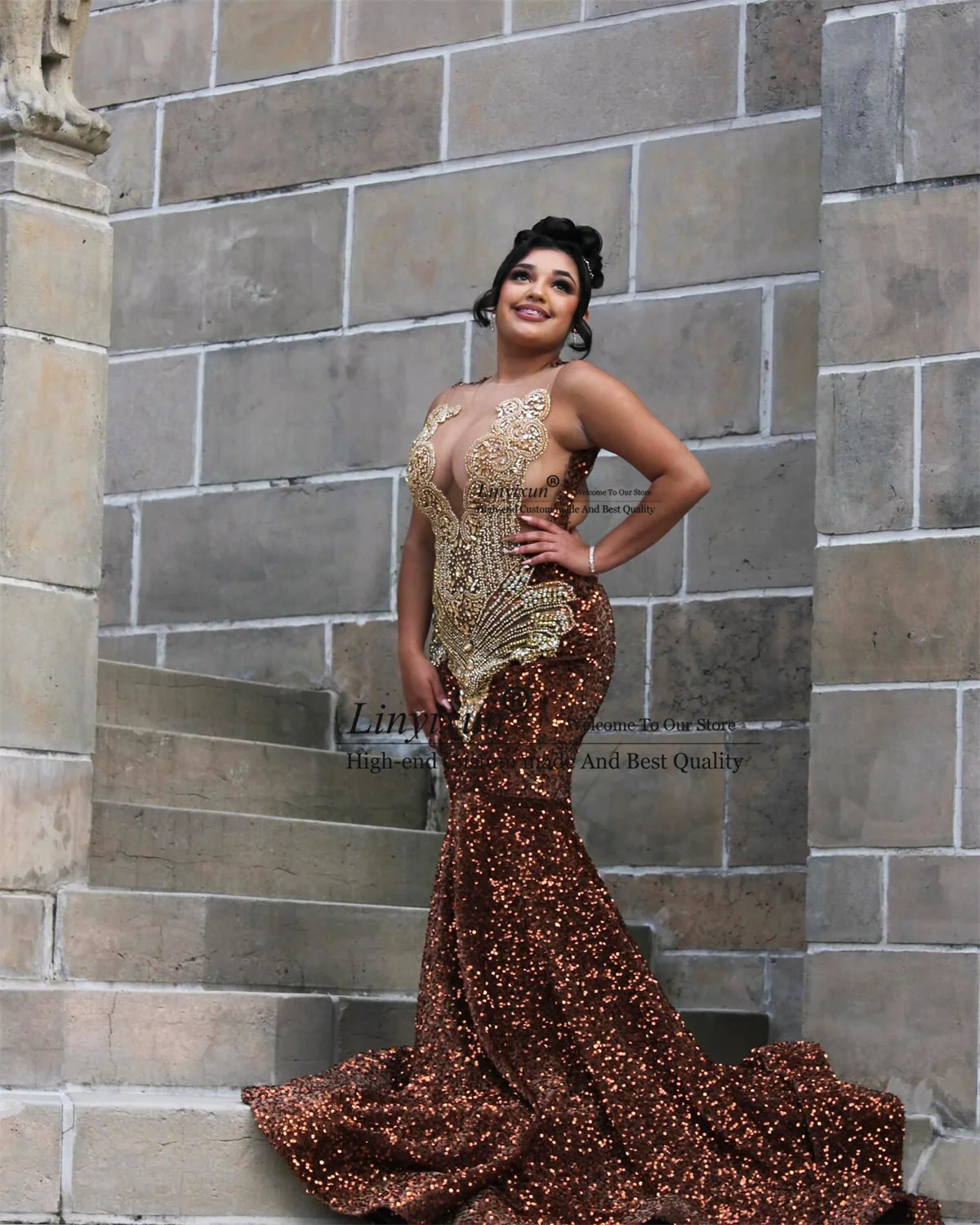 Fashion Brown Black Girls Mermaid Prom Dresses Luxury Rhinestones Beaded Evening Party Gala Gowns Long Birthday Robe De Soiree